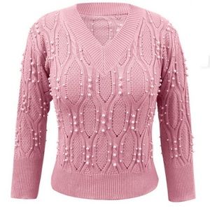 NWT Estampados Pink Pearl Encrusted V Neck Sweater / Sz small